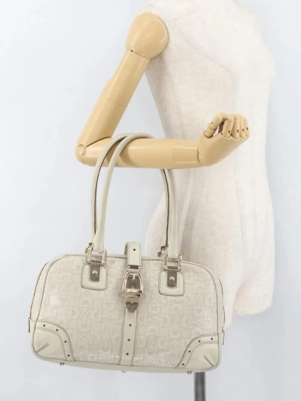 GUCCI Horsebit Hand Bag Leather White Gold 145770 Auth bs34368